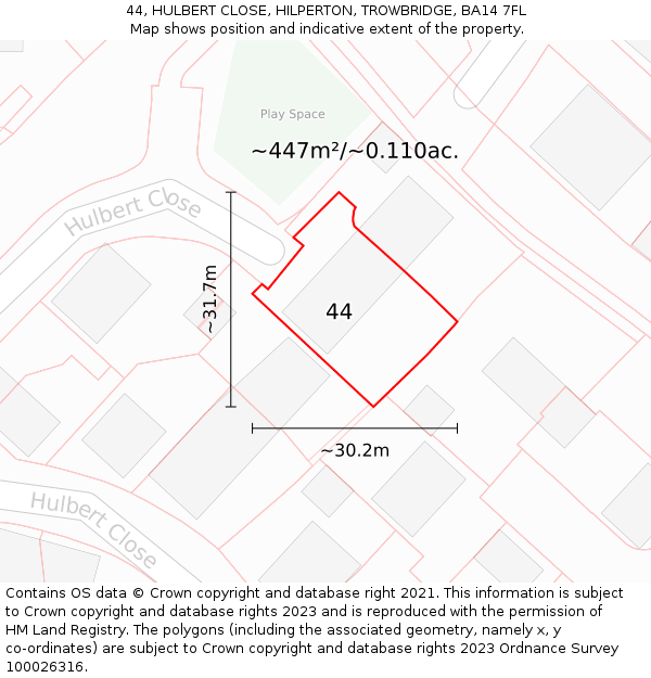 44, HULBERT CLOSE, HILPERTON, TROWBRIDGE, BA14 7FL: Plot and title map