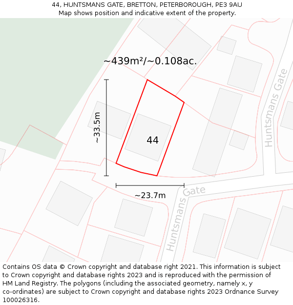 44, HUNTSMANS GATE, BRETTON, PETERBOROUGH, PE3 9AU: Plot and title map