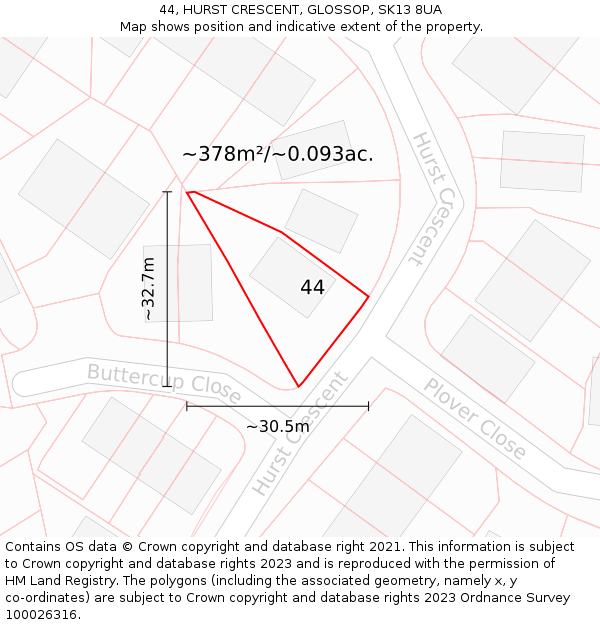 44, HURST CRESCENT, GLOSSOP, SK13 8UA: Plot and title map