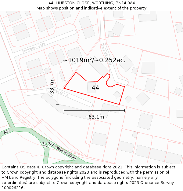 44, HURSTON CLOSE, WORTHING, BN14 0AX: Plot and title map