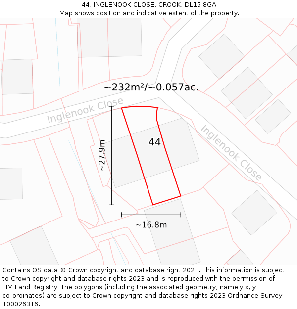 44, INGLENOOK CLOSE, CROOK, DL15 8GA: Plot and title map