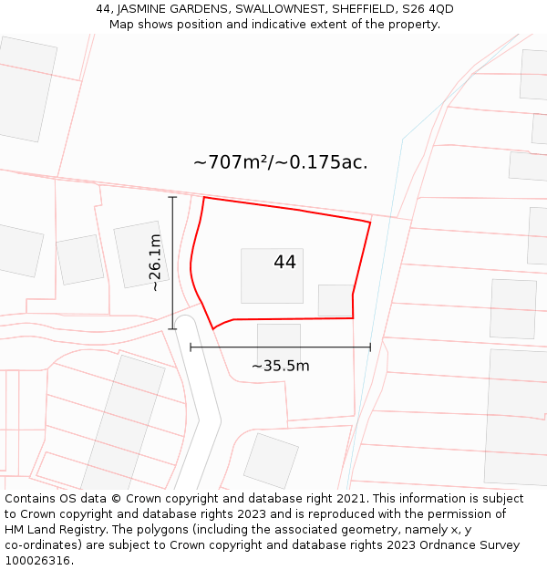 44, JASMINE GARDENS, SWALLOWNEST, SHEFFIELD, S26 4QD: Plot and title map