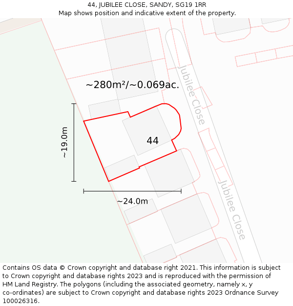 44, JUBILEE CLOSE, SANDY, SG19 1RR: Plot and title map