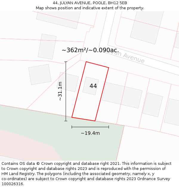 44, JULYAN AVENUE, POOLE, BH12 5EB: Plot and title map