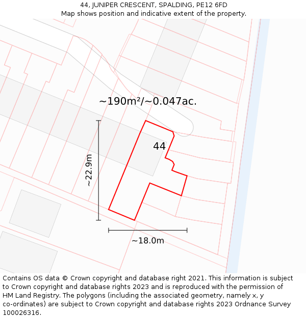 44, JUNIPER CRESCENT, SPALDING, PE12 6FD: Plot and title map