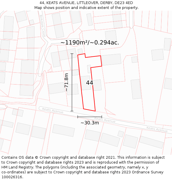 44, KEATS AVENUE, LITTLEOVER, DERBY, DE23 4ED: Plot and title map