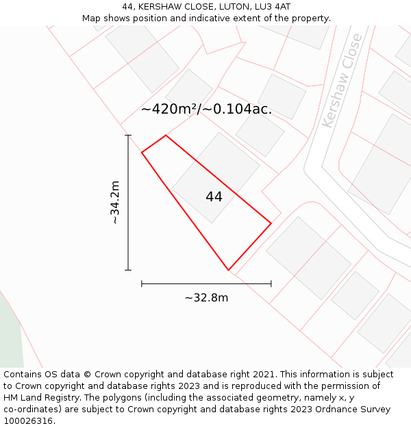 44, KERSHAW CLOSE, LUTON, LU3 4AT: Plot and title map