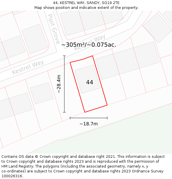 44, KESTREL WAY, SANDY, SG19 2TE: Plot and title map