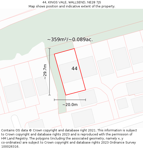 44, KINGS VALE, WALLSEND, NE28 7JS: Plot and title map