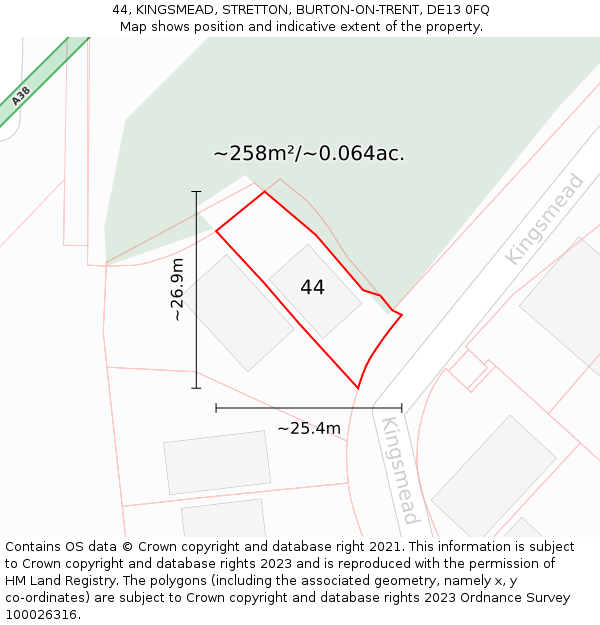 44, KINGSMEAD, STRETTON, BURTON-ON-TRENT, DE13 0FQ: Plot and title map