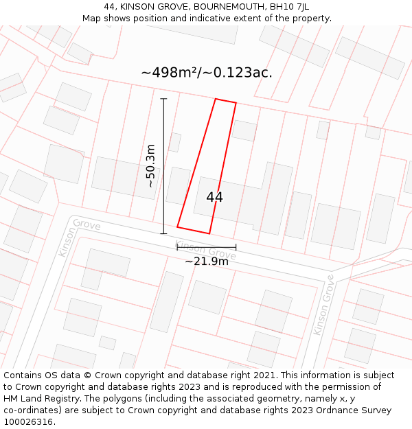 44, KINSON GROVE, BOURNEMOUTH, BH10 7JL: Plot and title map