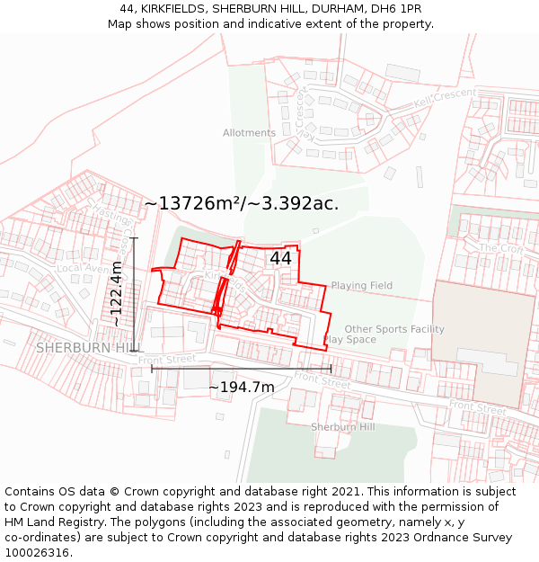 44, KIRKFIELDS, SHERBURN HILL, DURHAM, DH6 1PR: Plot and title map