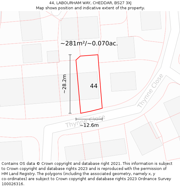44, LABOURHAM WAY, CHEDDAR, BS27 3XJ: Plot and title map