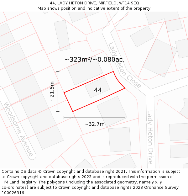 44, LADY HETON DRIVE, MIRFIELD, WF14 9EQ: Plot and title map