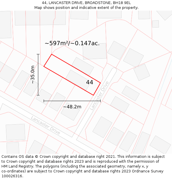 44, LANCASTER DRIVE, BROADSTONE, BH18 9EL: Plot and title map