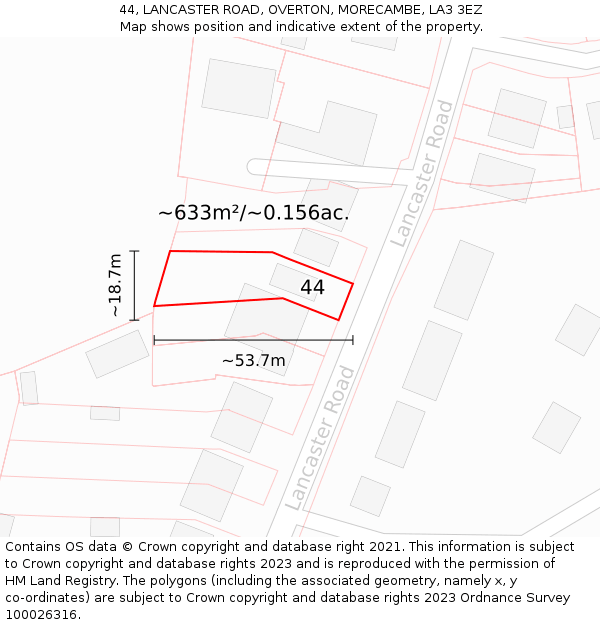 44, LANCASTER ROAD, OVERTON, MORECAMBE, LA3 3EZ: Plot and title map