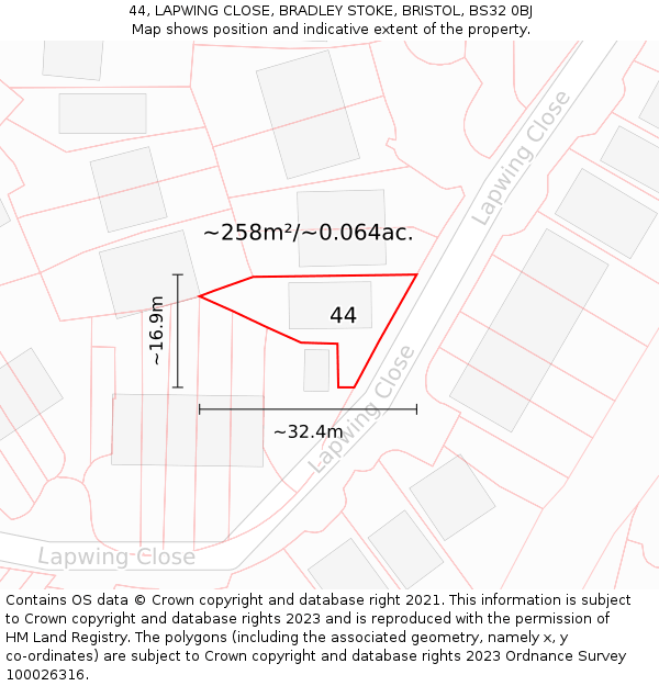 44, LAPWING CLOSE, BRADLEY STOKE, BRISTOL, BS32 0BJ: Plot and title map