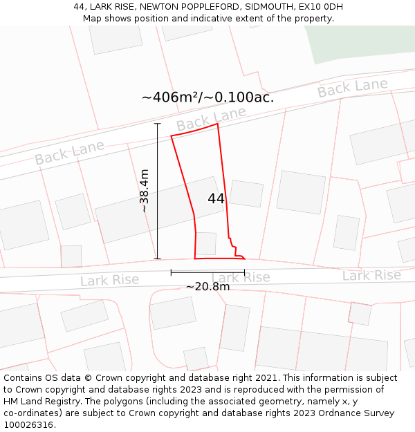 44, LARK RISE, NEWTON POPPLEFORD, SIDMOUTH, EX10 0DH: Plot and title map