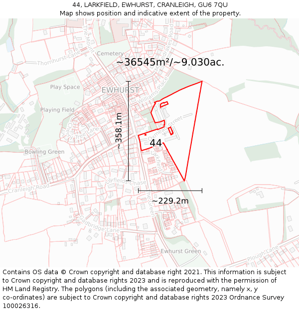 44, LARKFIELD, EWHURST, CRANLEIGH, GU6 7QU: Plot and title map
