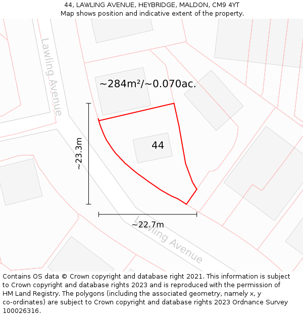44, LAWLING AVENUE, HEYBRIDGE, MALDON, CM9 4YT: Plot and title map