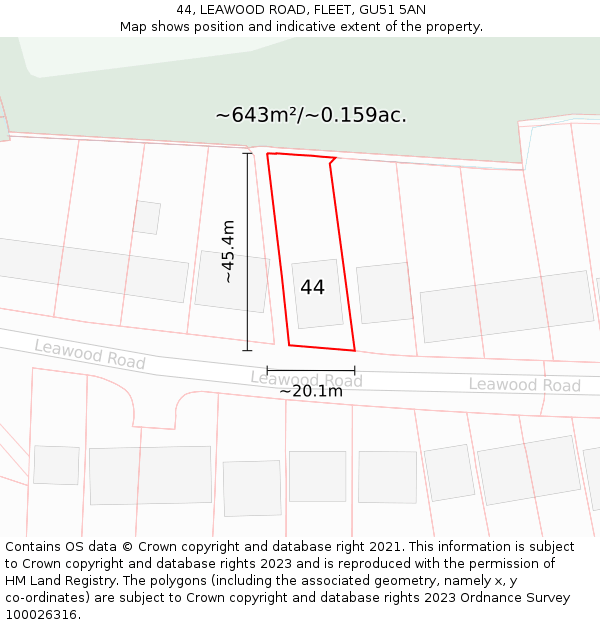 44, LEAWOOD ROAD, FLEET, GU51 5AN: Plot and title map