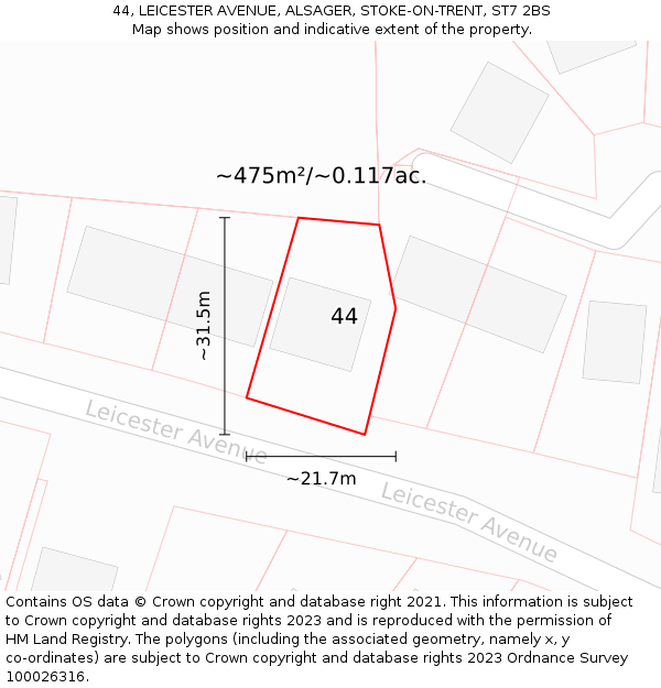 44, LEICESTER AVENUE, ALSAGER, STOKE-ON-TRENT, ST7 2BS: Plot and title map