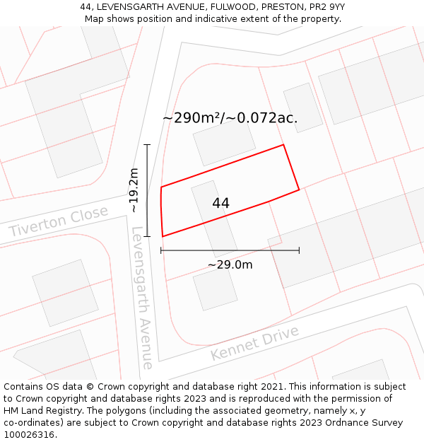44, LEVENSGARTH AVENUE, FULWOOD, PRESTON, PR2 9YY: Plot and title map