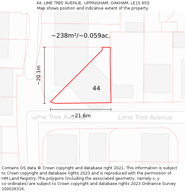 44, LIME TREE AVENUE, UPPINGHAM, OAKHAM, LE15 9SS: Plot and title map