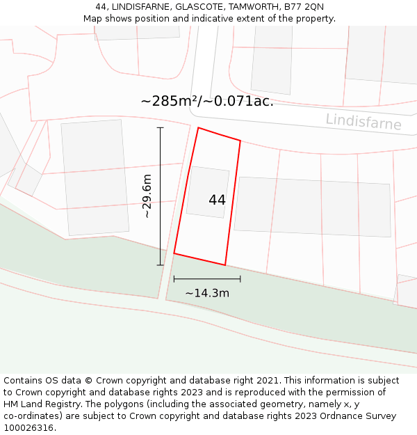 44, LINDISFARNE, GLASCOTE, TAMWORTH, B77 2QN: Plot and title map