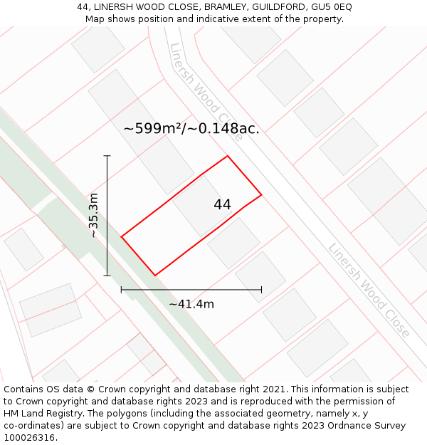 44, LINERSH WOOD CLOSE, BRAMLEY, GUILDFORD, GU5 0EQ: Plot and title map