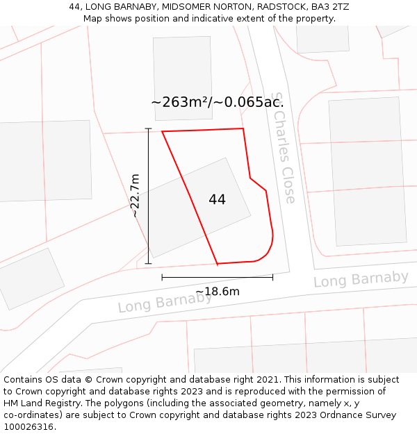 44, LONG BARNABY, MIDSOMER NORTON, RADSTOCK, BA3 2TZ: Plot and title map