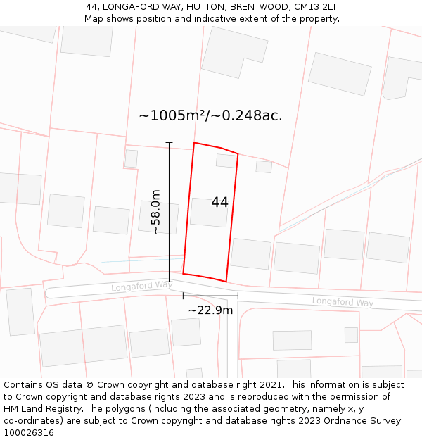 44, LONGAFORD WAY, HUTTON, BRENTWOOD, CM13 2LT: Plot and title map