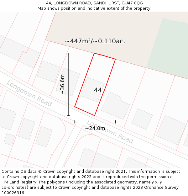 44, LONGDOWN ROAD, SANDHURST, GU47 8QG: Plot and title map