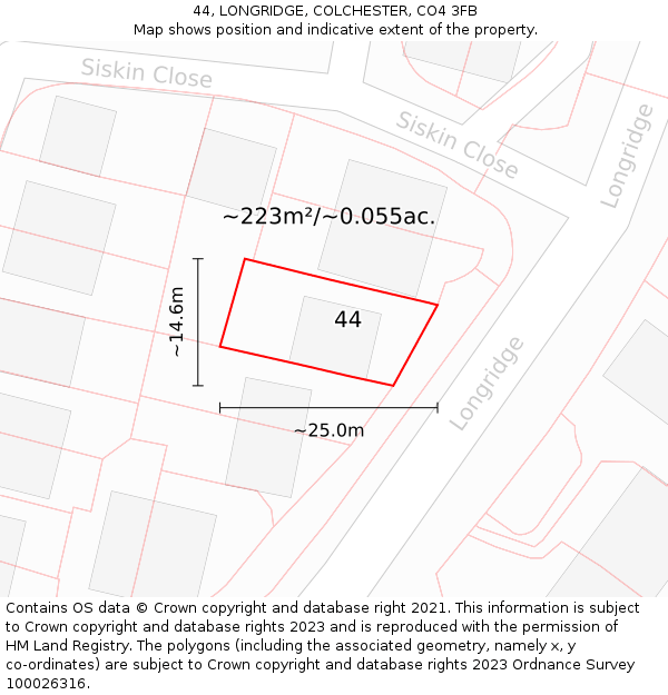 44, LONGRIDGE, COLCHESTER, CO4 3FB: Plot and title map