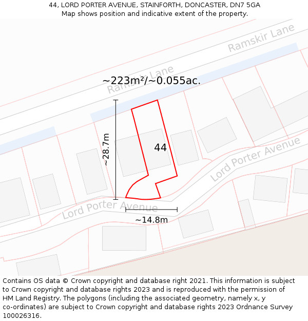 44, LORD PORTER AVENUE, STAINFORTH, DONCASTER, DN7 5GA: Plot and title map