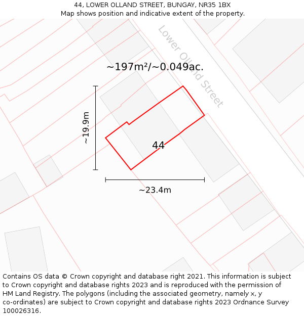 44, LOWER OLLAND STREET, BUNGAY, NR35 1BX: Plot and title map