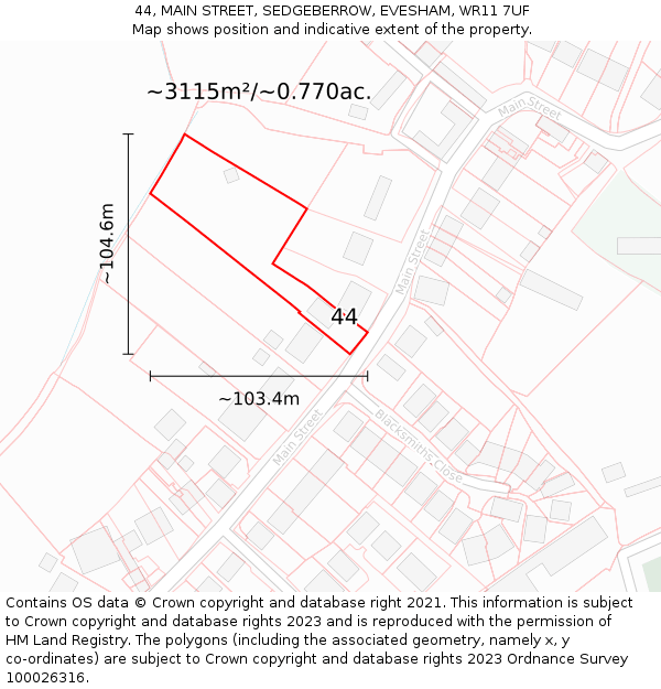 44, MAIN STREET, SEDGEBERROW, EVESHAM, WR11 7UF: Plot and title map