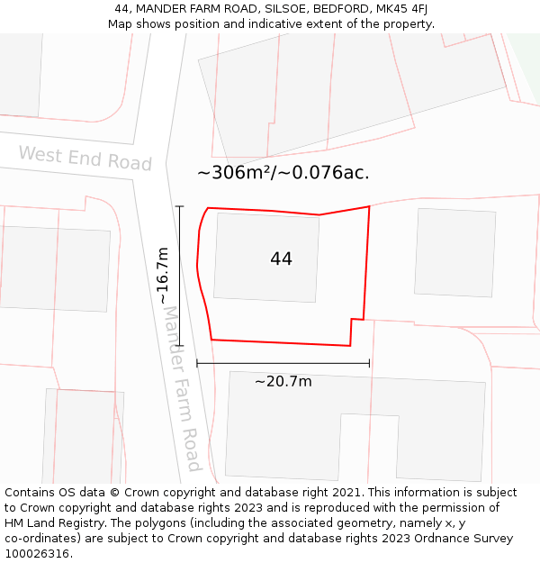44, MANDER FARM ROAD, SILSOE, BEDFORD, MK45 4FJ: Plot and title map