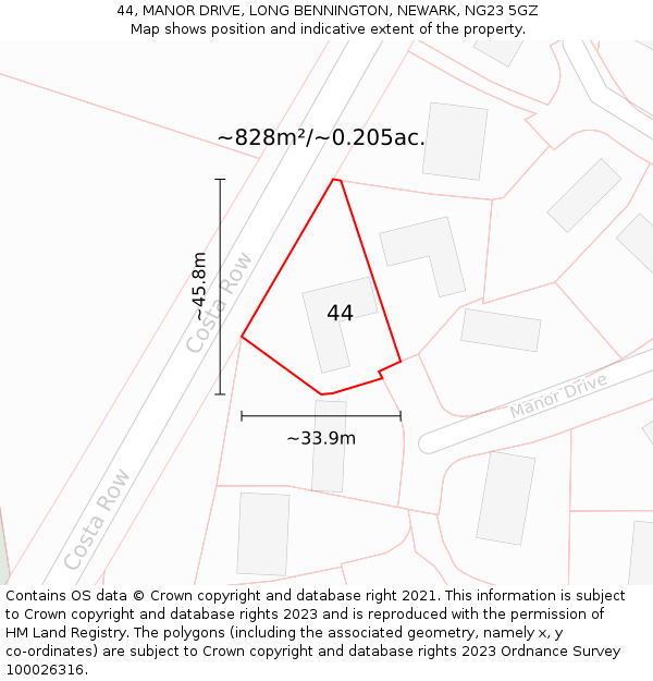 44, MANOR DRIVE, LONG BENNINGTON, NEWARK, NG23 5GZ: Plot and title map