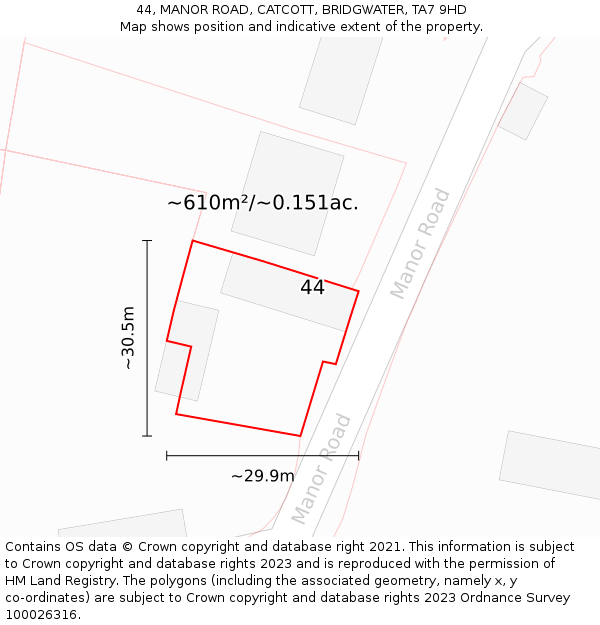 44, MANOR ROAD, CATCOTT, BRIDGWATER, TA7 9HD: Plot and title map