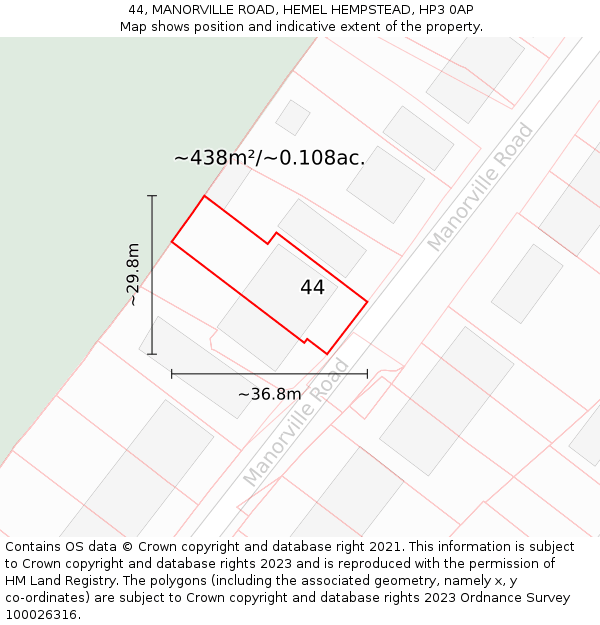 44, MANORVILLE ROAD, HEMEL HEMPSTEAD, HP3 0AP: Plot and title map