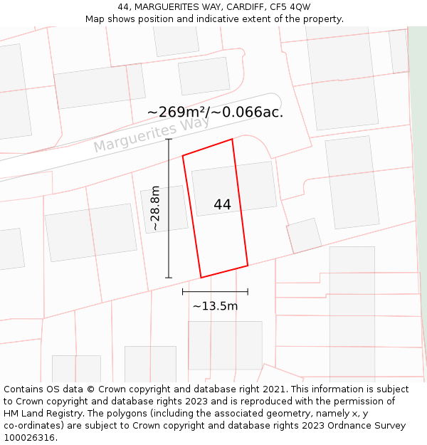 44, MARGUERITES WAY, CARDIFF, CF5 4QW: Plot and title map