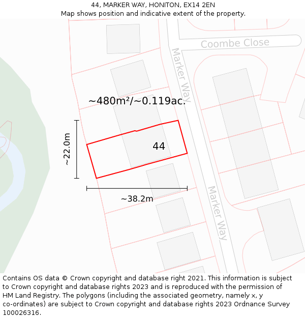 44, MARKER WAY, HONITON, EX14 2EN: Plot and title map