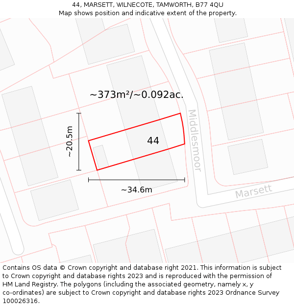 44, MARSETT, WILNECOTE, TAMWORTH, B77 4QU: Plot and title map