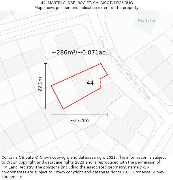 44, MARTIN CLOSE, ROGIET, CALDICOT, NP26 3UG: Plot and title map