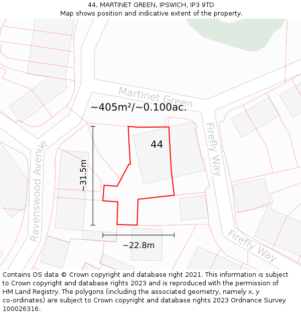44, MARTINET GREEN, IPSWICH, IP3 9TD: Plot and title map