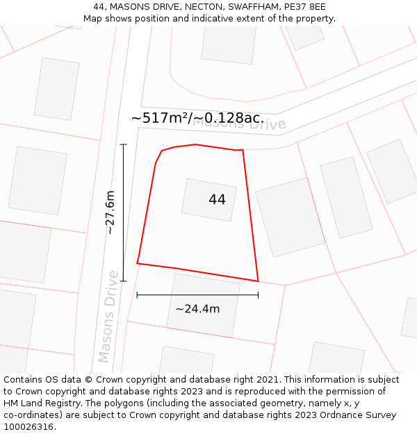 44, MASONS DRIVE, NECTON, SWAFFHAM, PE37 8EE: Plot and title map