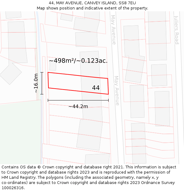 44, MAY AVENUE, CANVEY ISLAND, SS8 7EU: Plot and title map