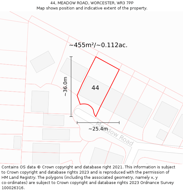 44, MEADOW ROAD, WORCESTER, WR3 7PP: Plot and title map