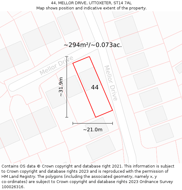 44, MELLOR DRIVE, UTTOXETER, ST14 7AL: Plot and title map